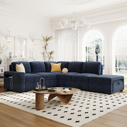 Luma 5-Seat Modular Sectional Sofa with Storage and USB Ports, Navy Blue