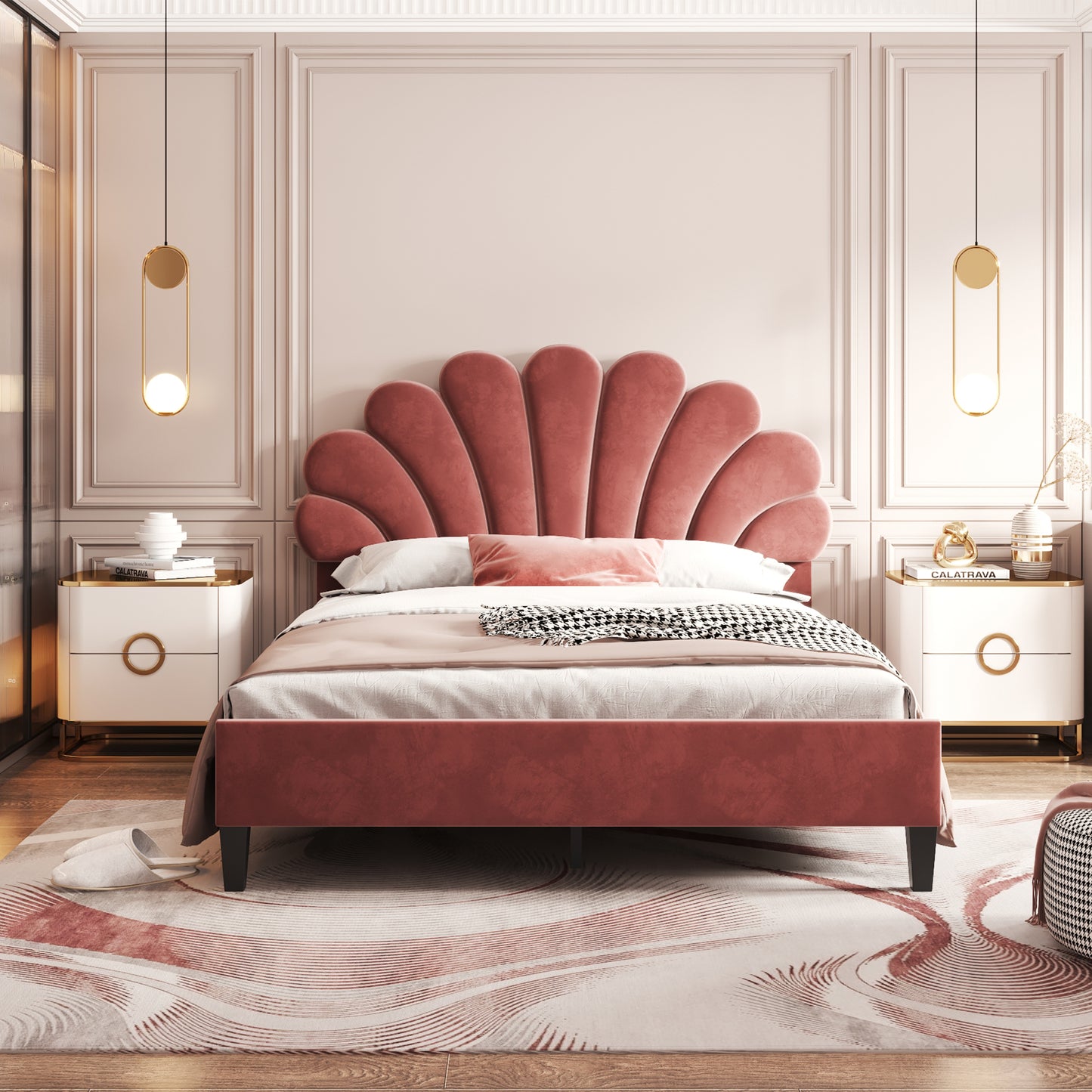Petal Velvet Platform Full Bed, Terracotta Red