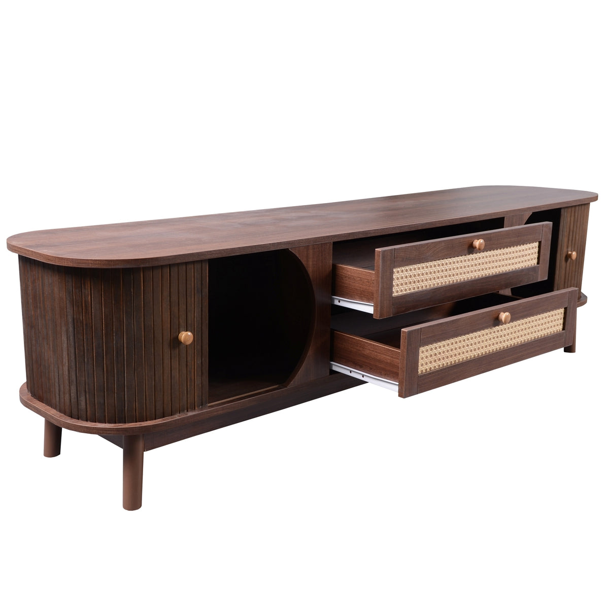 Milo Fluted Rattan Media Credenza, Walnut Brown
