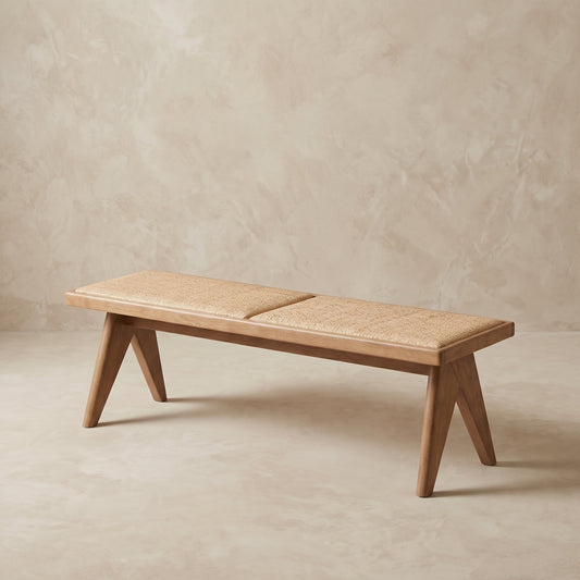 Hagan Woven Rattan Bench, Natural Wood