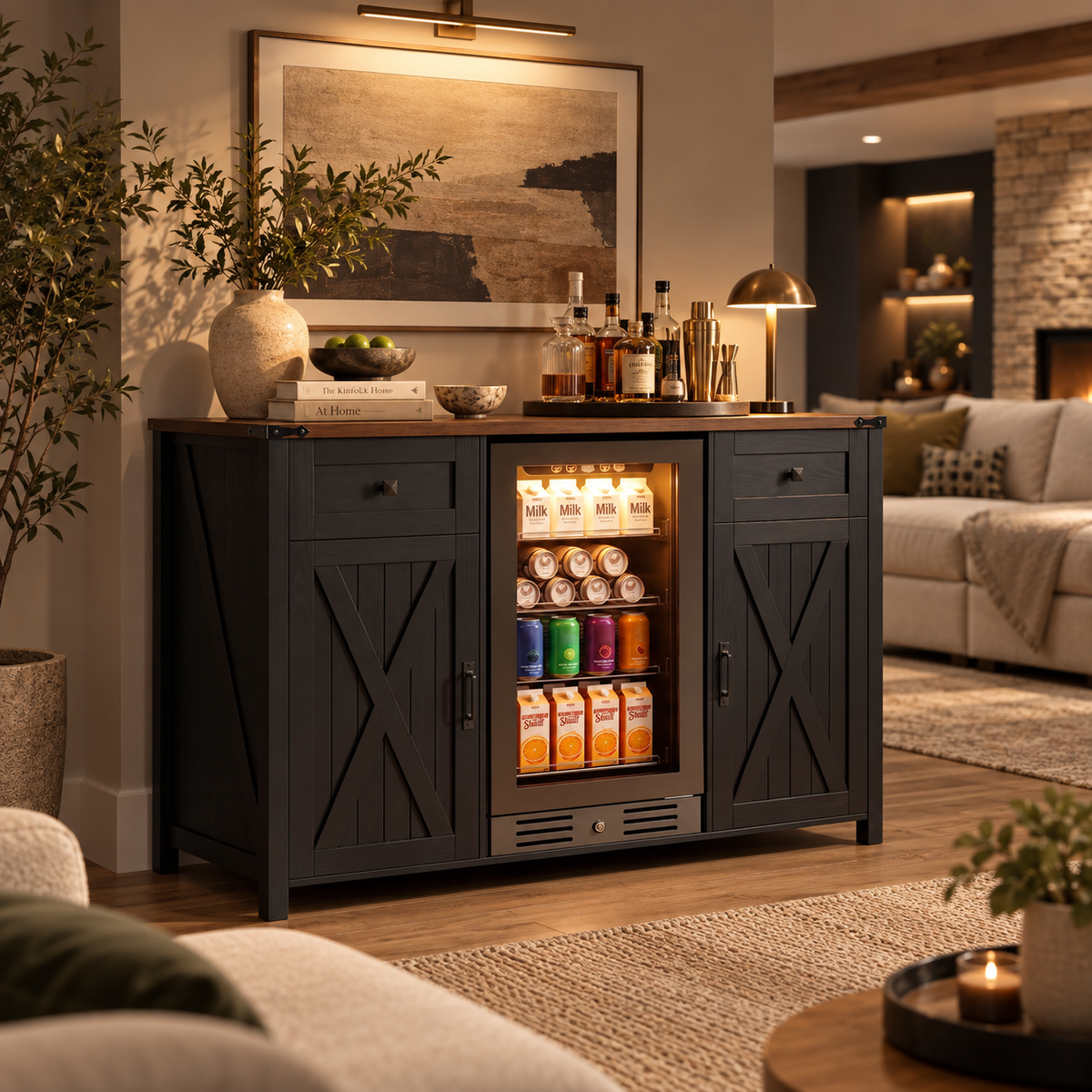 Harrington Bar Cabinet with Beverage Cooler Storage, Black