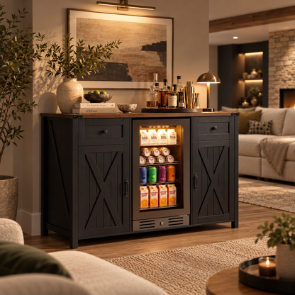 Harrington Bar Cabinet with Beverage Cooler Storage, Black