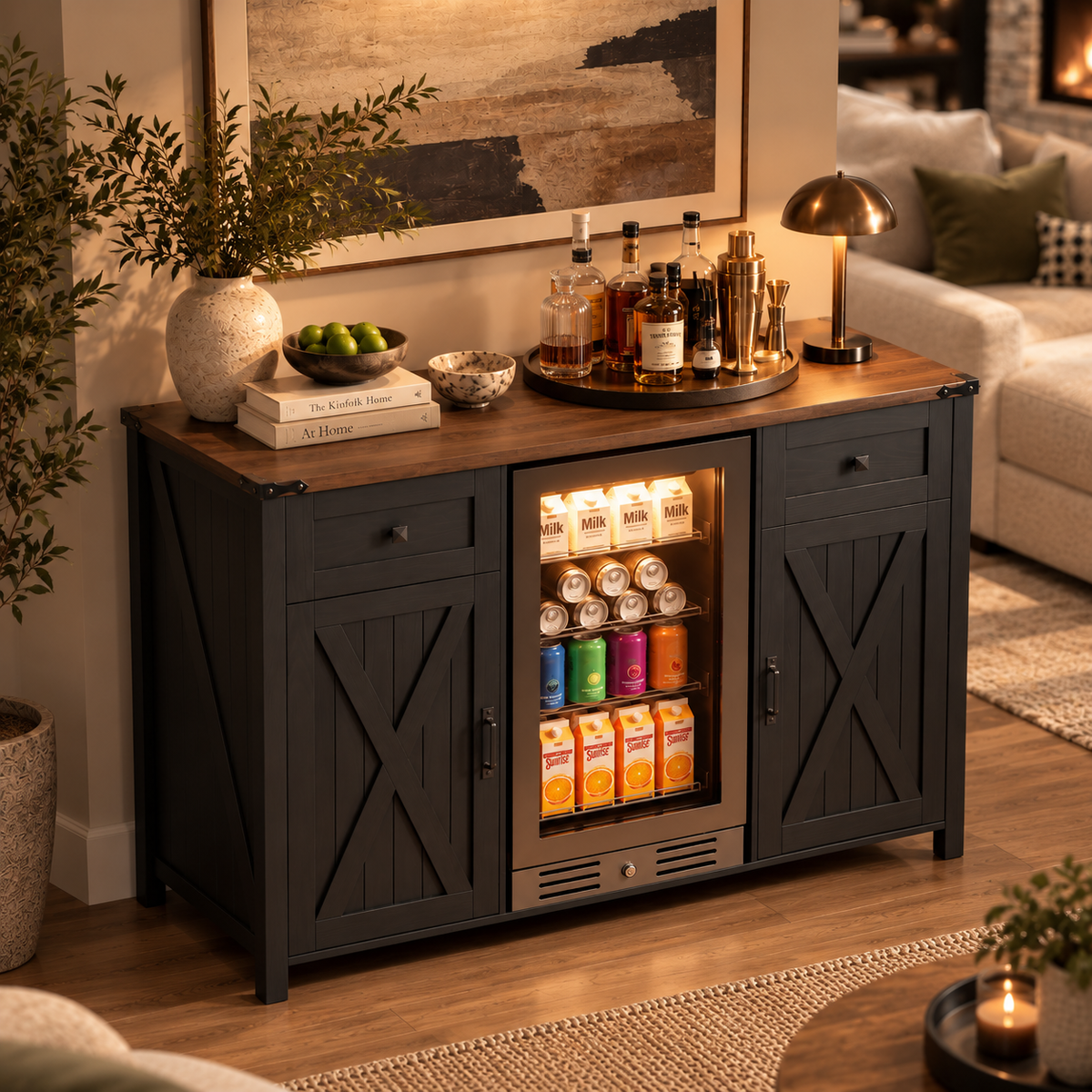 Harrington Bar Cabinet with Beverage Cooler Storage, Black
