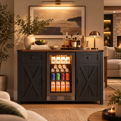 Harrington Bar Cabinet with Beverage Cooler Storage, Black