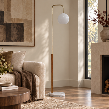 Liora Globe Floor Lamp, Walnut & Brass