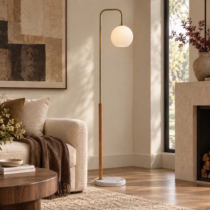 Liora Globe Floor Lamp, Walnut & Brass
