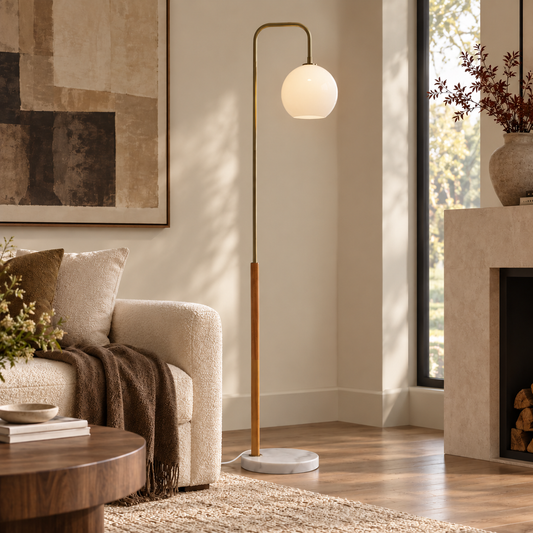 Liora Globe Floor Lamp, Walnut & Brass