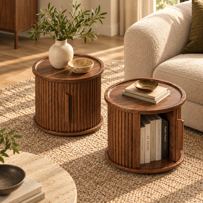 Marais Fluted Walnut Side Tables, Set of 2