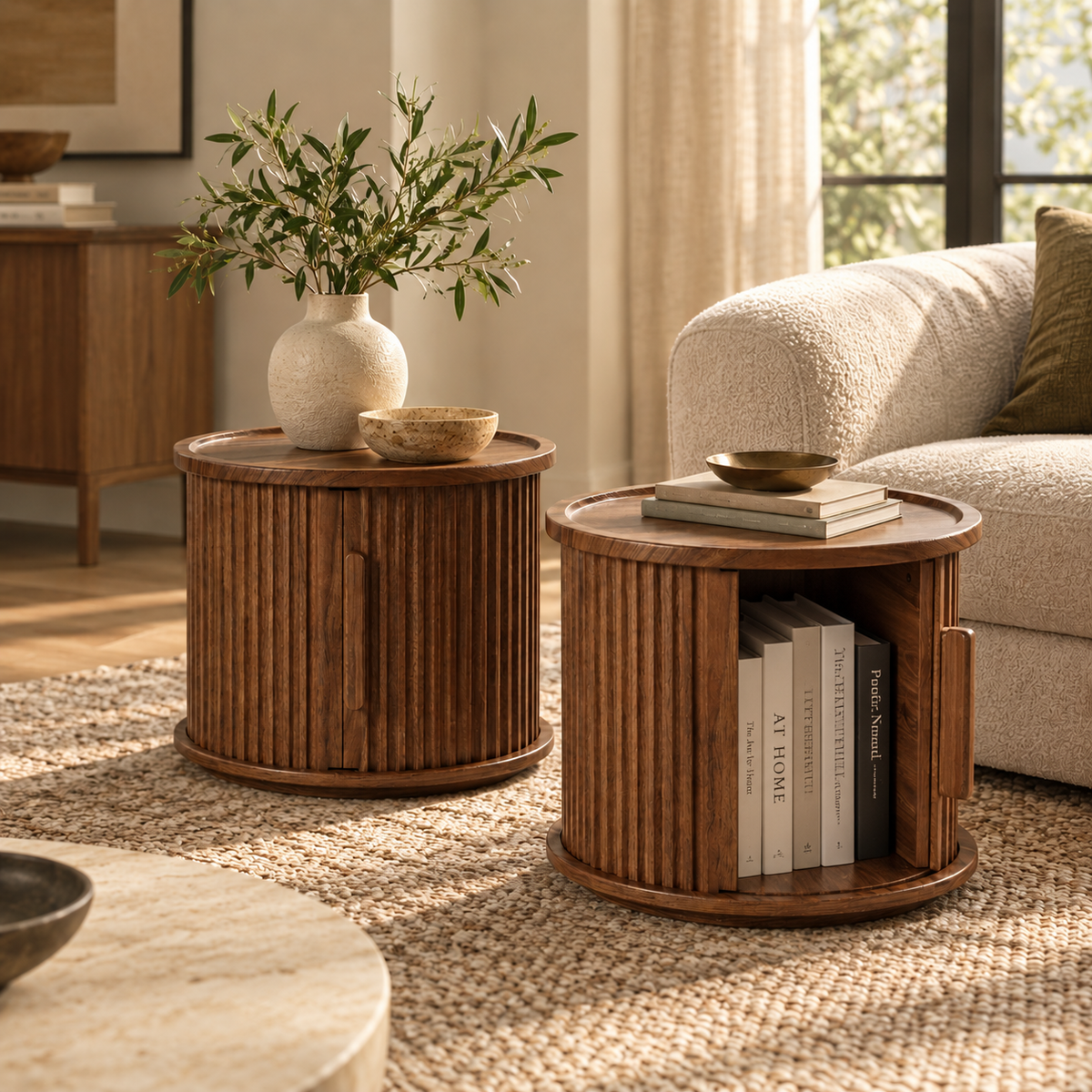Marais Fluted Walnut Side Tables, Set of 2