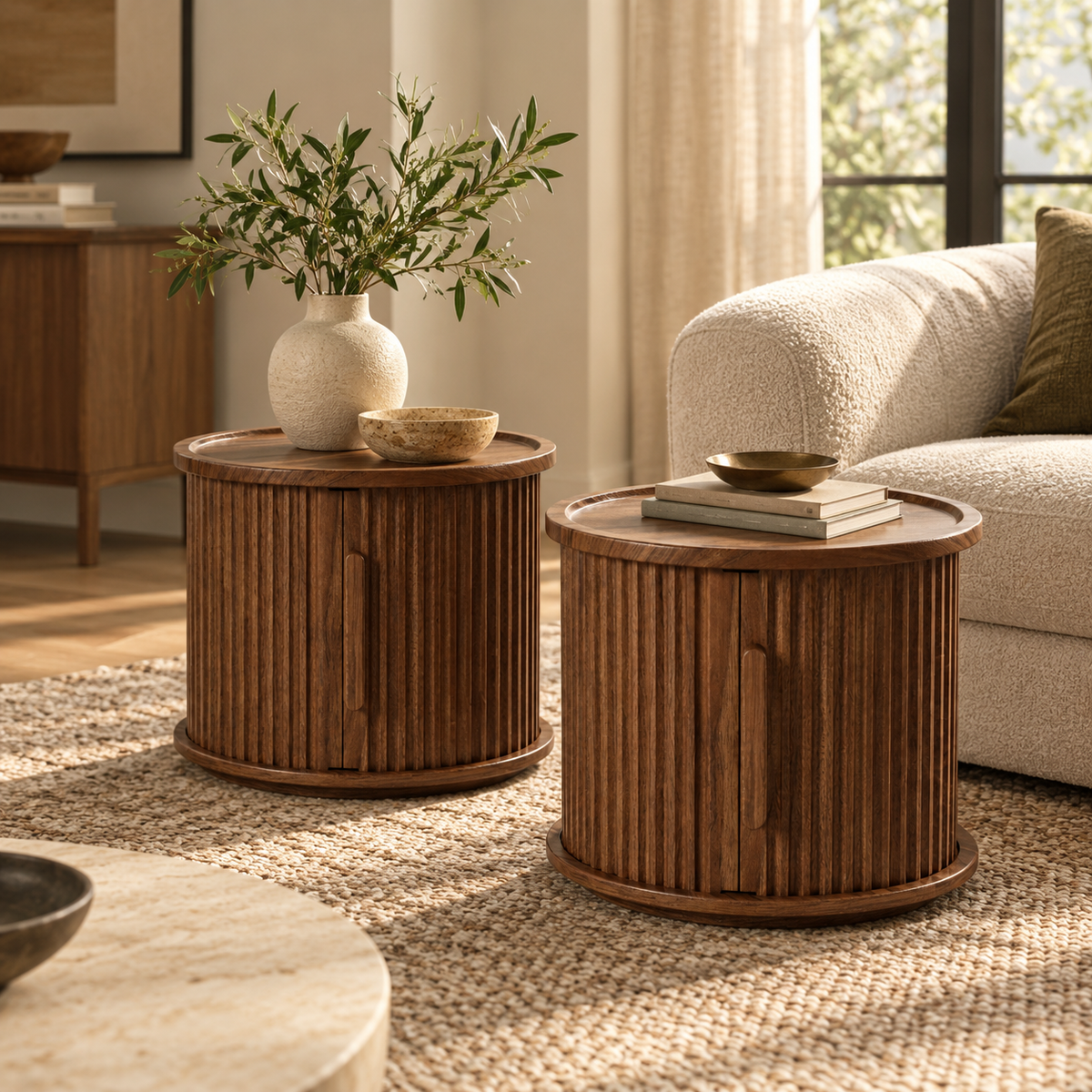 Marais Fluted Walnut Side Tables, Set of 2