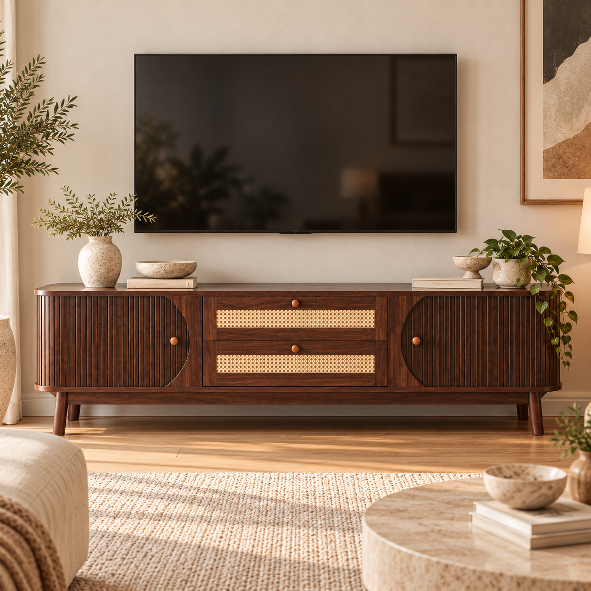 Milo Fluted Rattan Media Credenza, Walnut Brown
