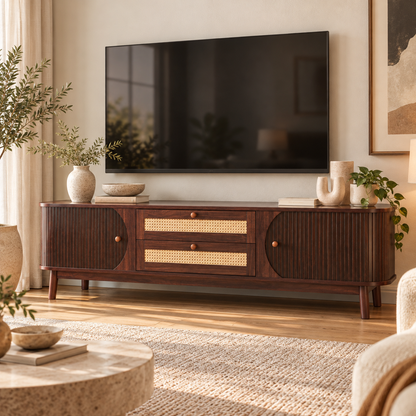 Milo Fluted Rattan Media Credenza, Walnut Brown