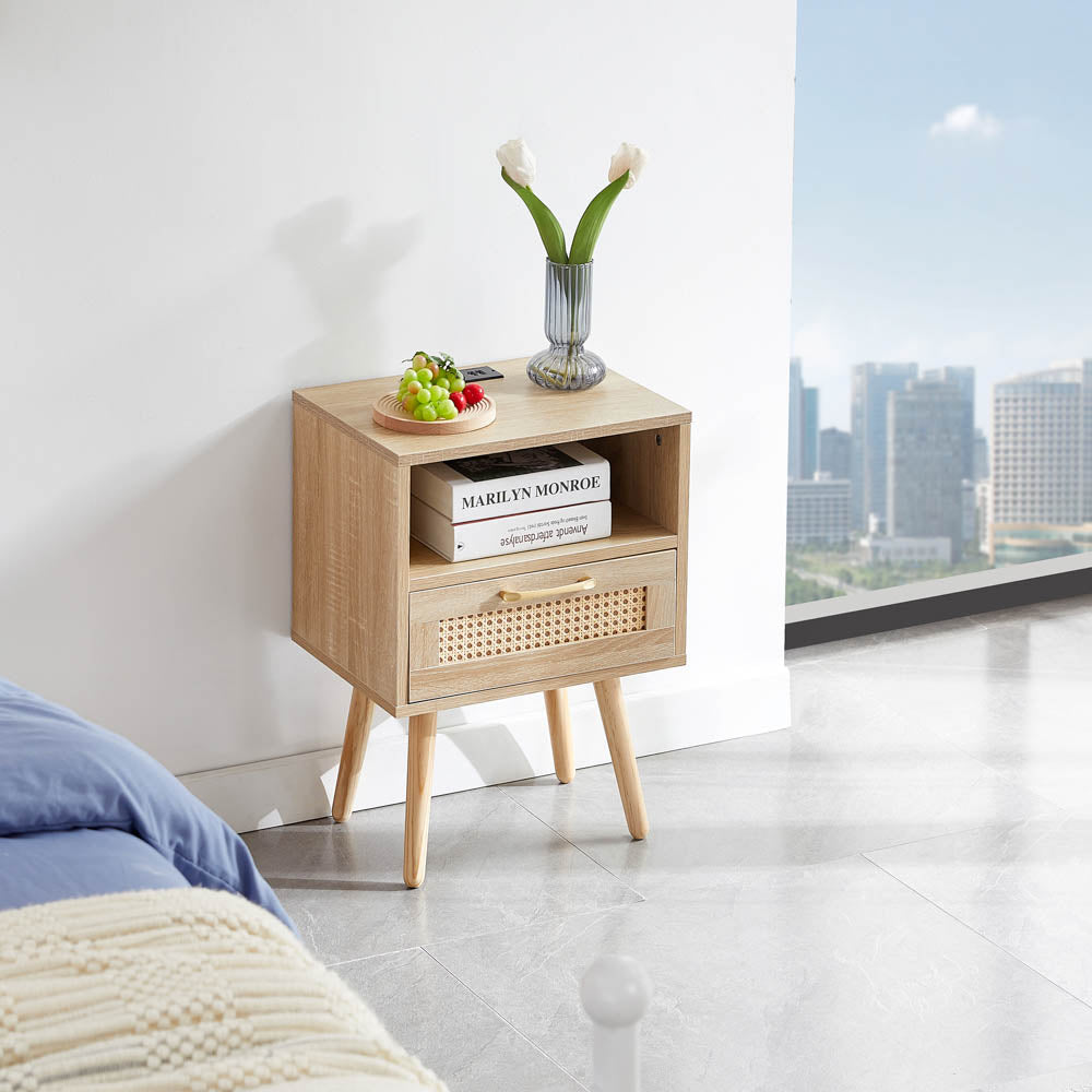Rattan End table with Power Outlet & USB Ports, Natural