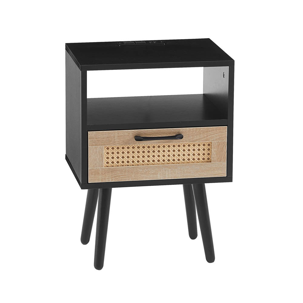 Rattan End table with Power Outlet  & USB Ports, Black