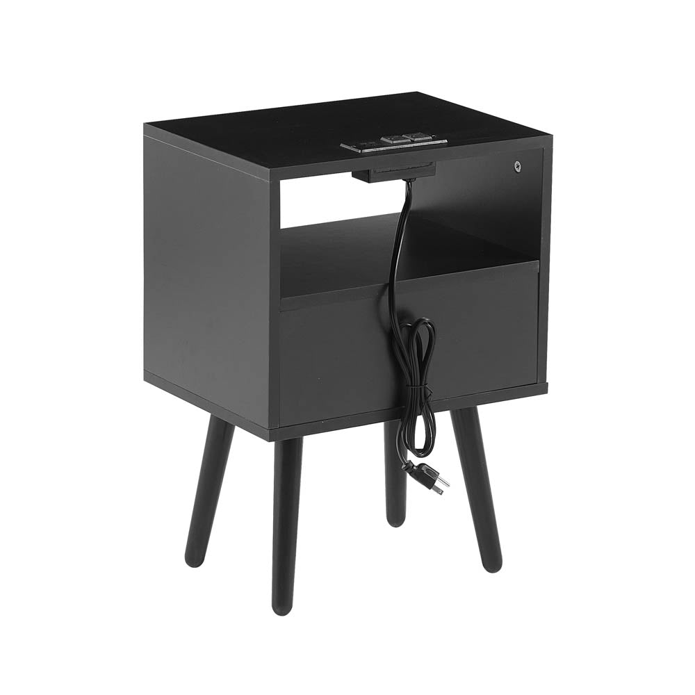 Rattan End table with Power Outlet  & USB Ports, Black