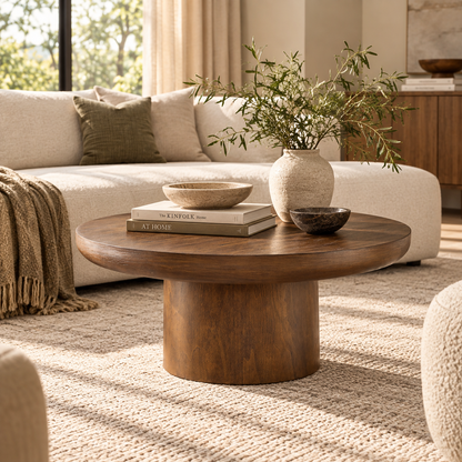 Round Pedestal Coffee Table, Dark Brown
