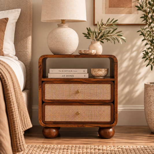 Siena Cane 2-Drawer Nightstand, Chestnut