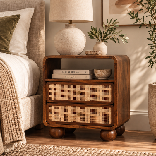 Siena Cane 2-Drawer Nightstand, Chestnut