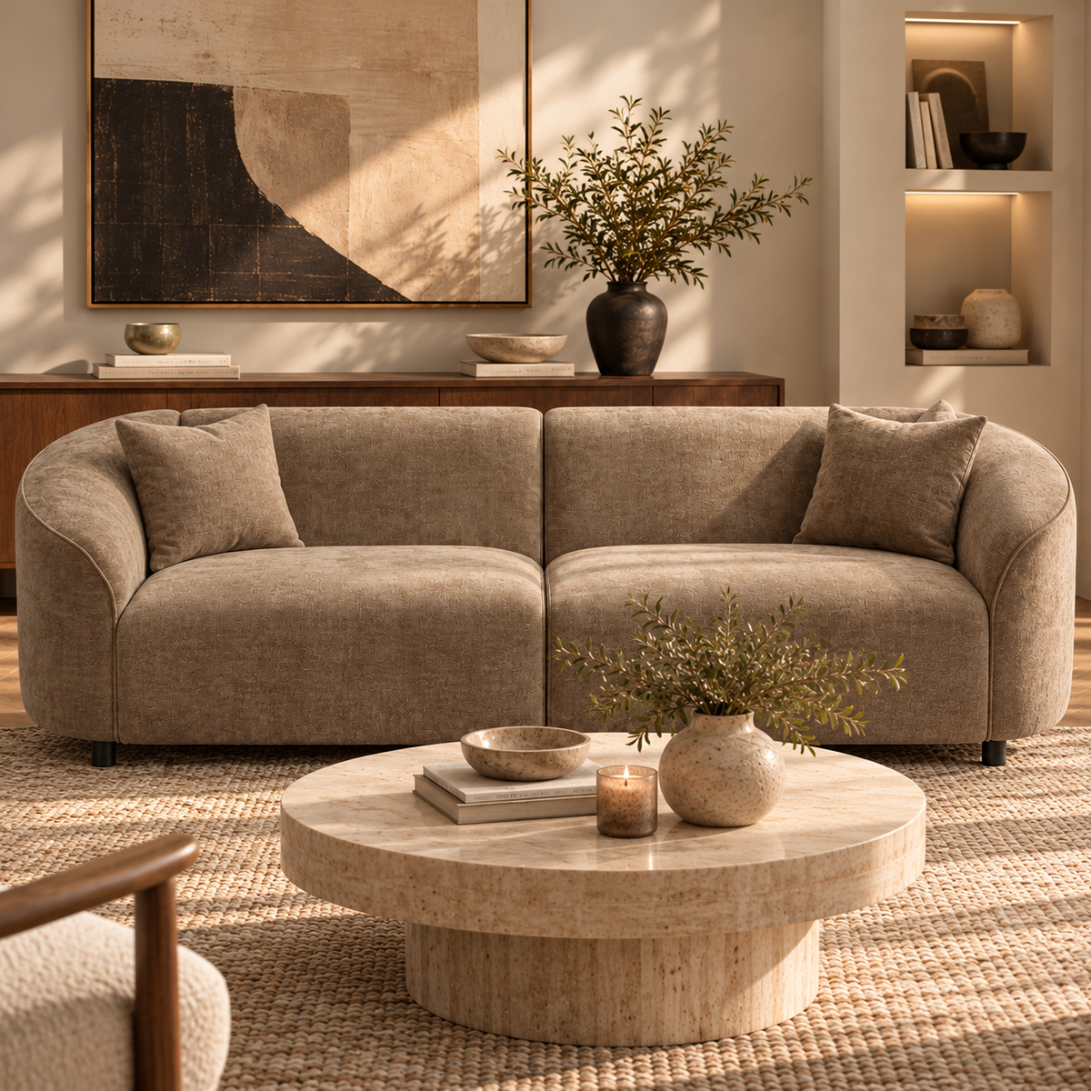 Sloane Curved Upholstered Sofa, Mocha Brown