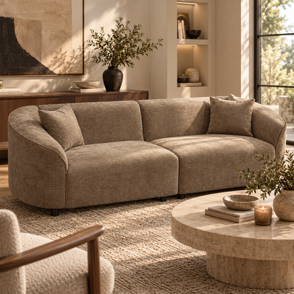 Sloane Curved Upholstered Sofa, Mocha Brown