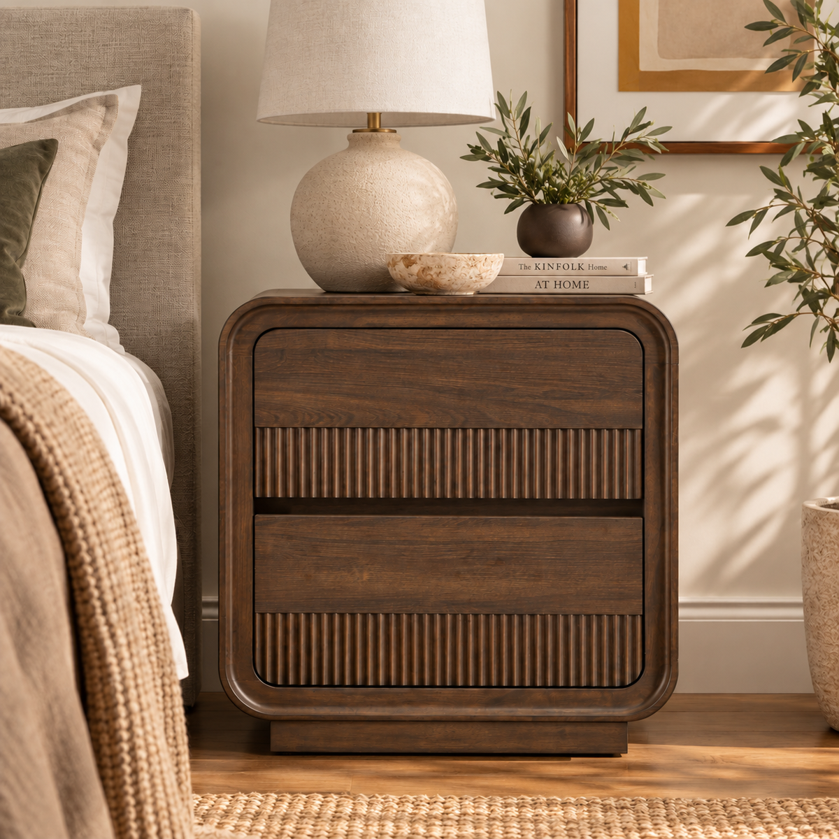 Tobin Fluted 2-Drawer Nightstand, Dark Walnut