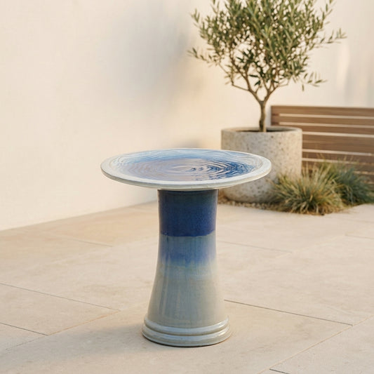 Verda Glazed Ceramic Bird Bath Pedestal, Blue
