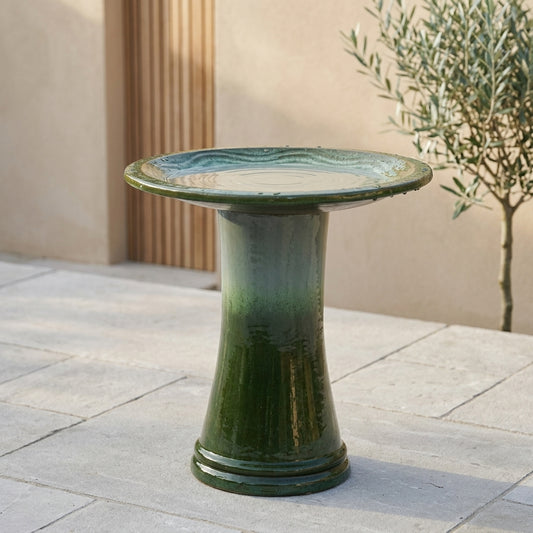 Verda Glazed Ceramic Bird Bath Pedestal, Green