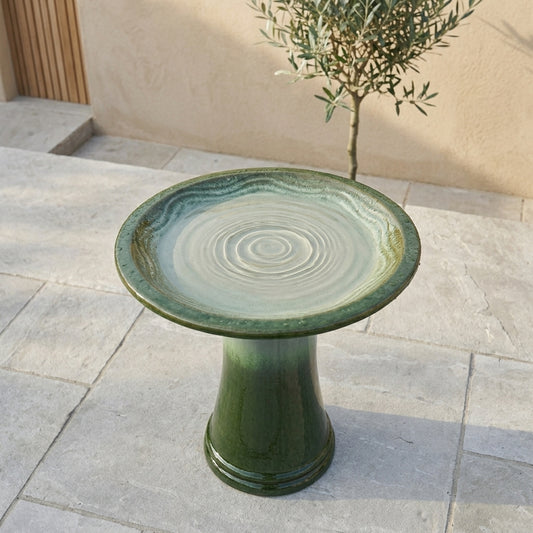 Verda Glazed Ceramic Bird Bath Pedestal, Green