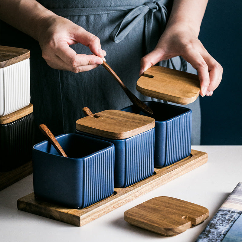 Ceramic Food Containers with Wooden Covers