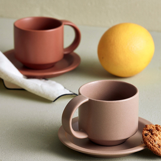 Velvet Ceramic Mug With Saucer, Set of 2