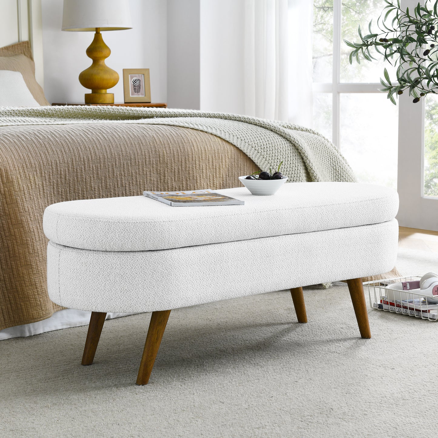 Kendrick Linen Oval Storage Bench, White