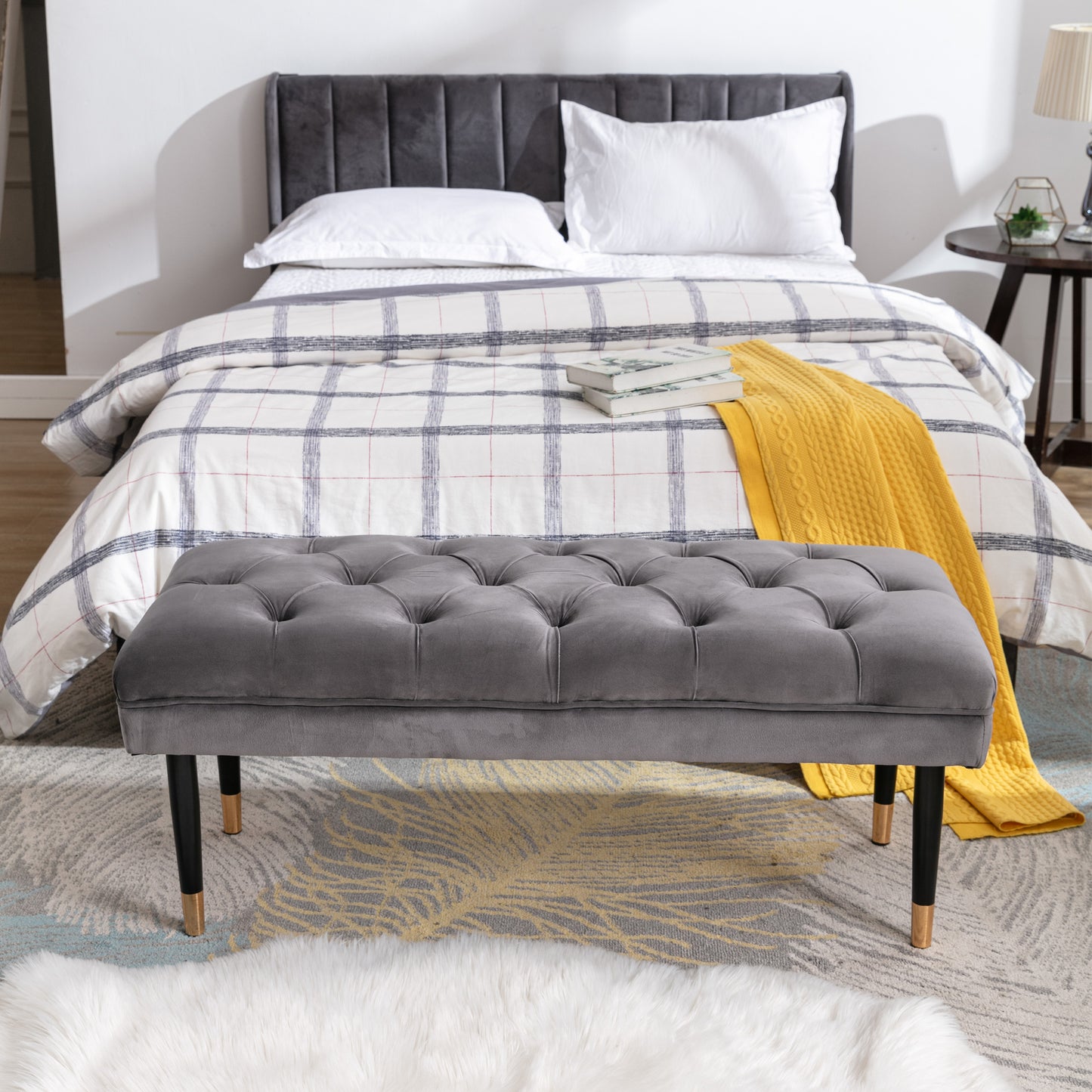 Tufted Modern Faux Velvet Bench