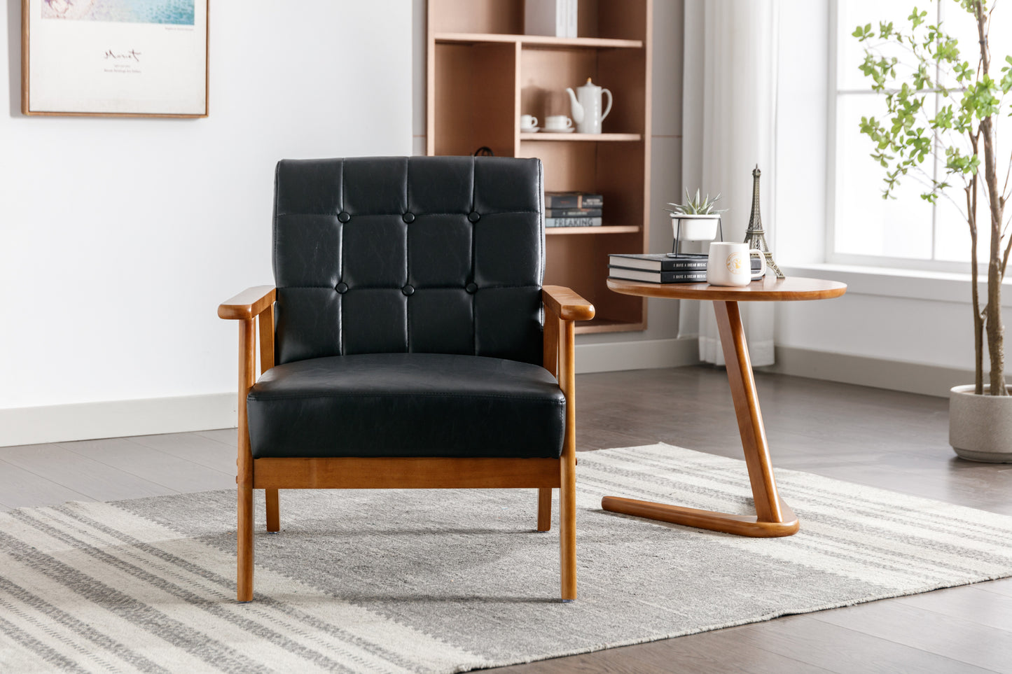 Solid Wood Mid-Century Modern Leather Accent Chair