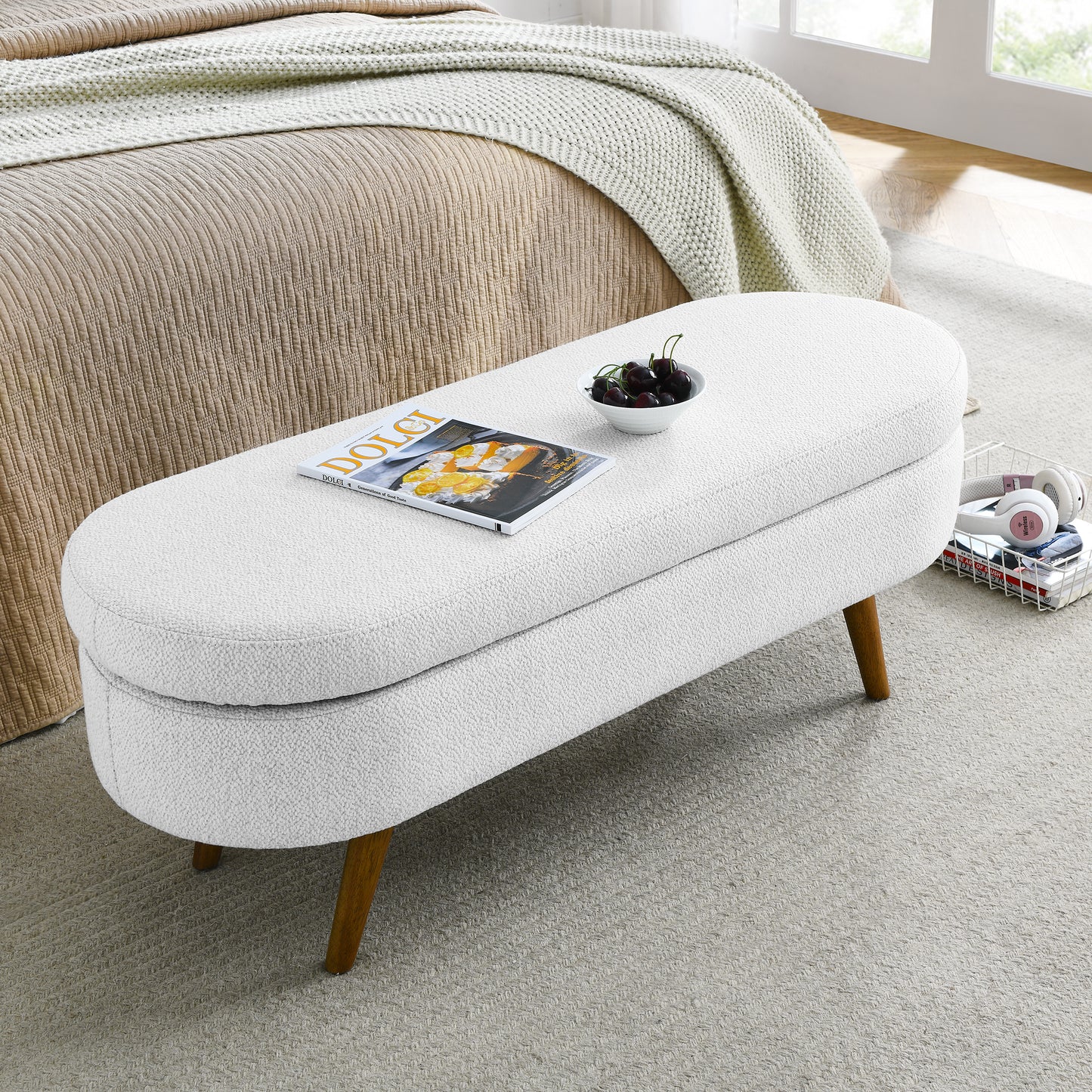 Kendrick Linen Oval Storage Bench, White