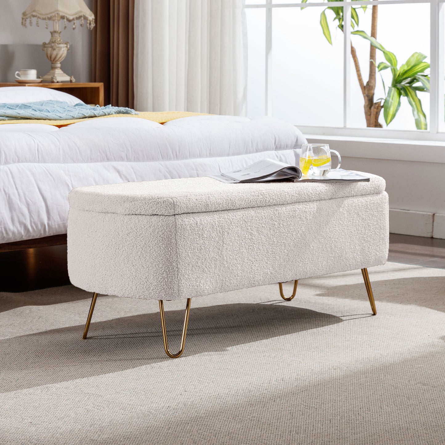 Amber Faux Sherpa Storage Bench, Ivory