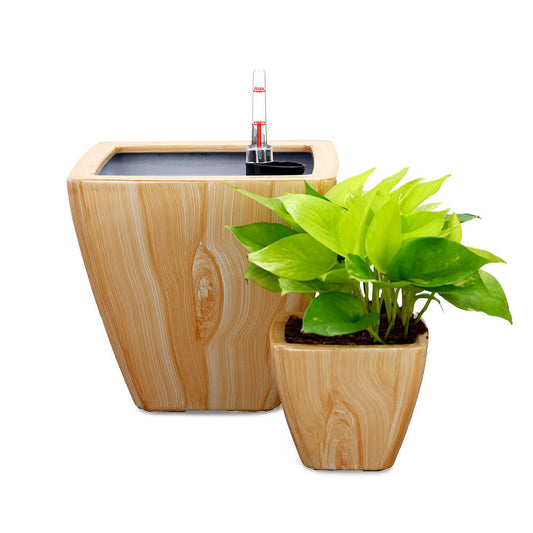 Light Faux Wood Self-Watering Square Planter Pots, Set of 2